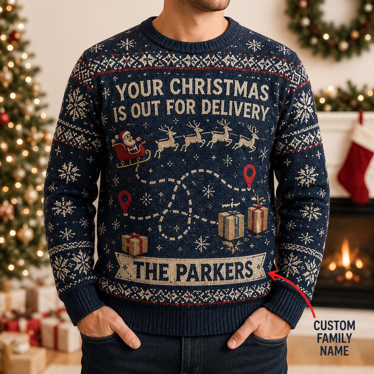 Personalized Christmas Delivery Ugly Sweater, Custom Family Name Santa Sleigh Sweatshirt, Funny Holiday Party Pullover