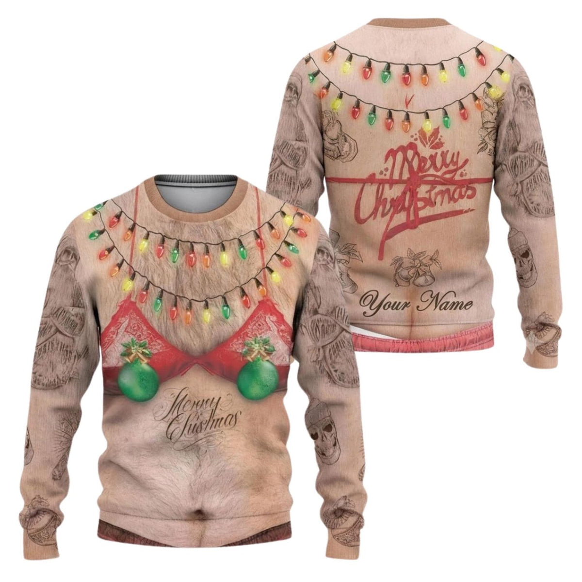Funny Christmas Sweatshirt Hairy Chest Bra Tattoo Custom Name