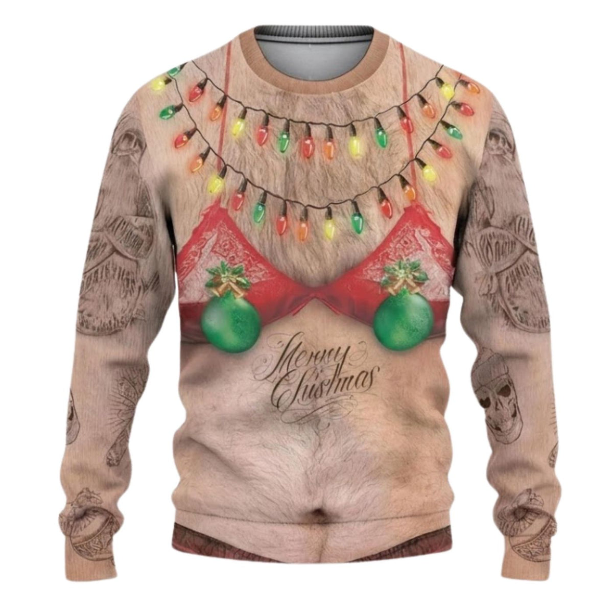 Funny Christmas Sweatshirt Hairy Chest Bra Tattoo Custom Name