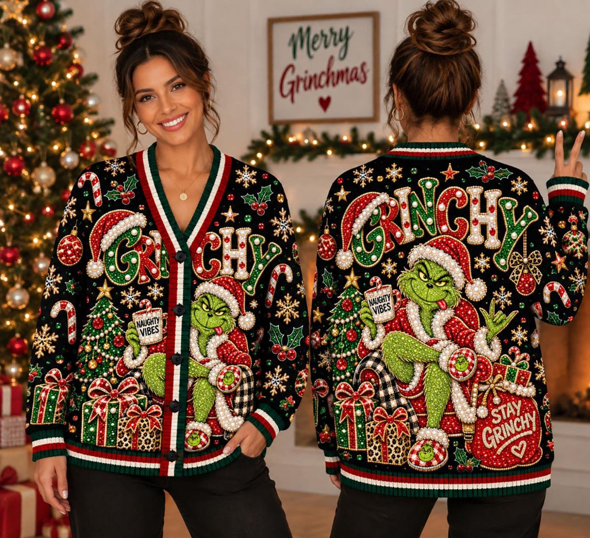 Green Christmas Knitted Cardigan Personalized Gift for Green Lover