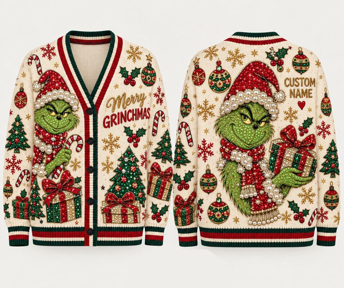 Personalized Grin Knitted Cardigan Merry Grinchmas Christmas Sweater Custom Name