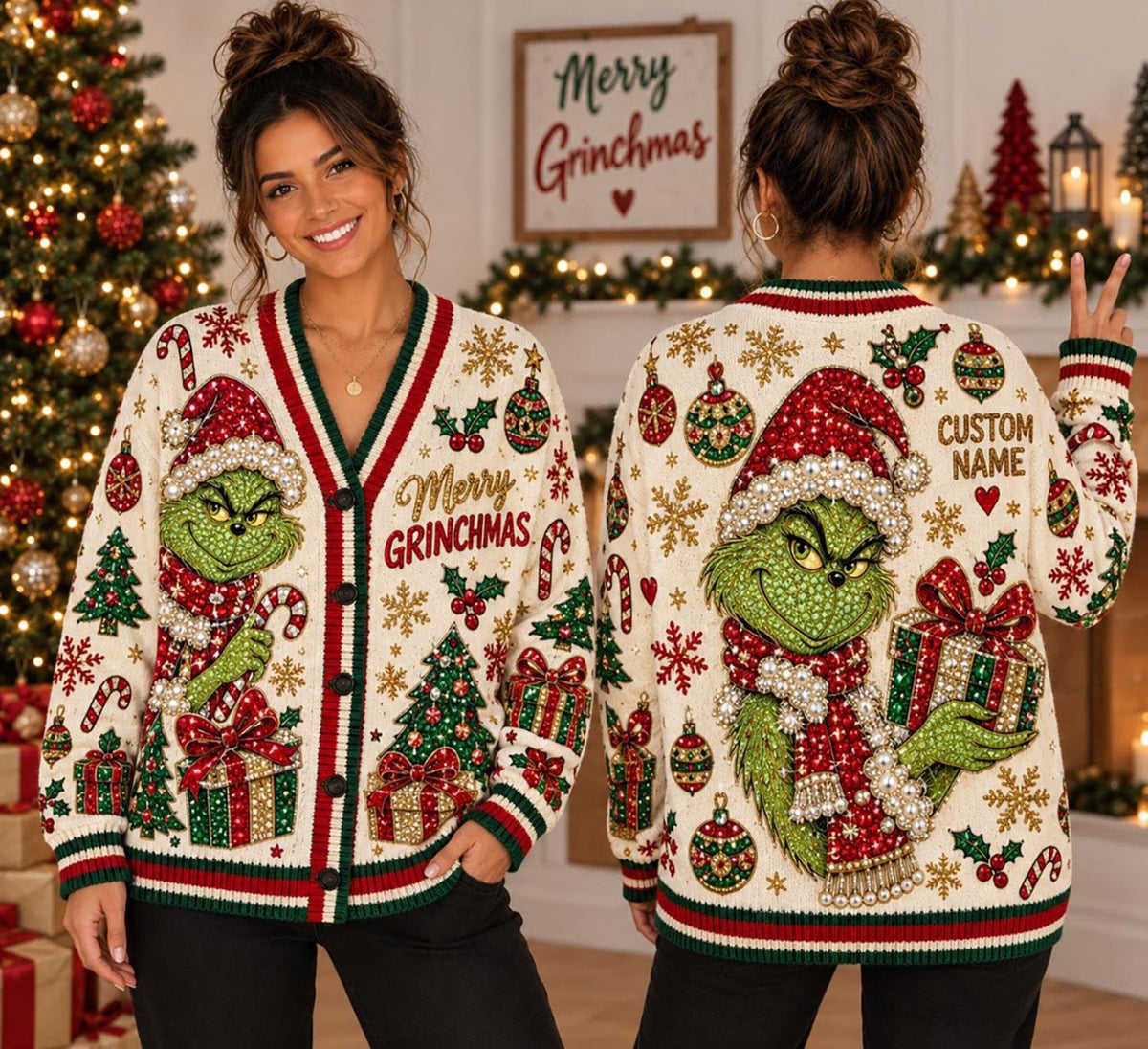 Personalized Grin Knitted Cardigan Merry Grinchmas Christmas Sweater Custom Name