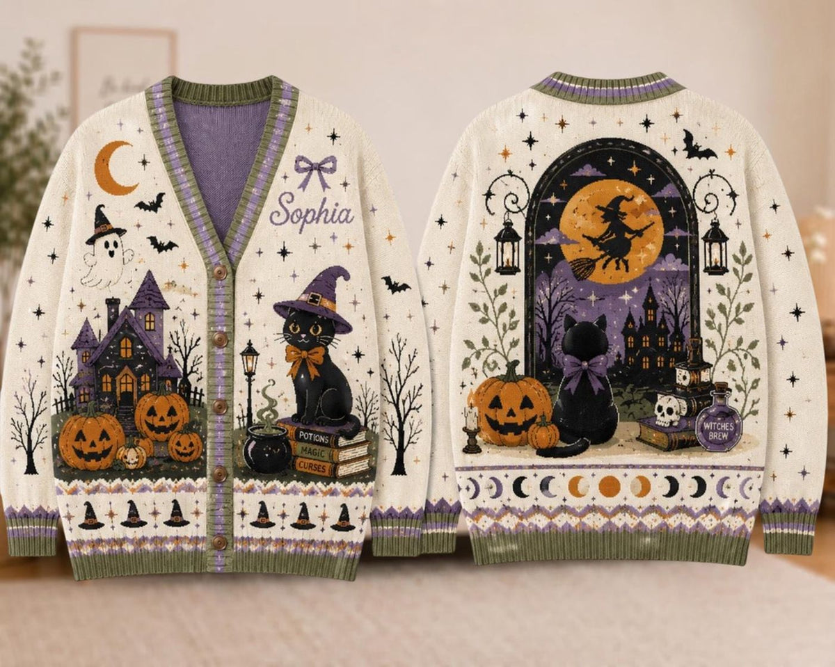 Personalized Black Cat Witchy Halloween Name Knitted Cardigan