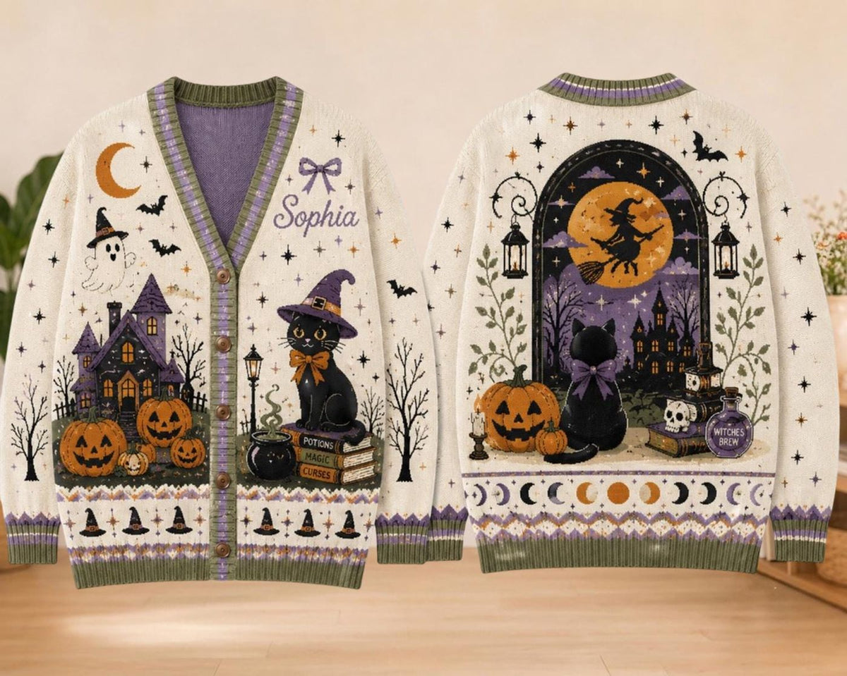 Personalized Black Cat Witchy Halloween Name Knitted Cardigan