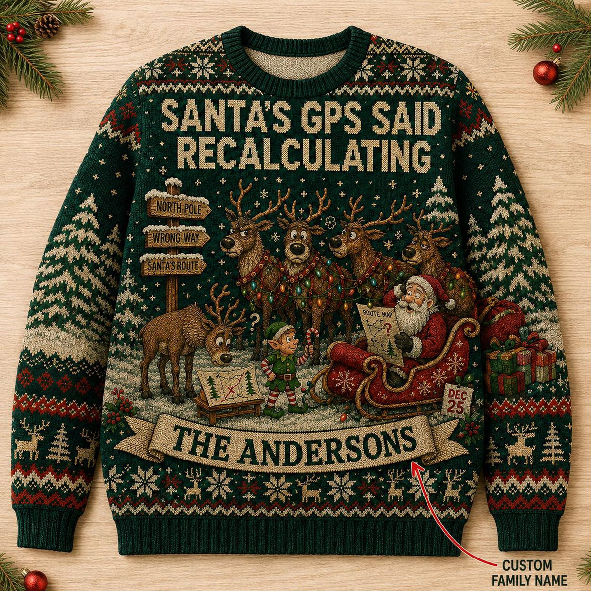 Personalized Lost Santa Ugly Christmas Sweater, Custom Family Name Reindeer Sweatshirt, Funny Holiday Party Pullover