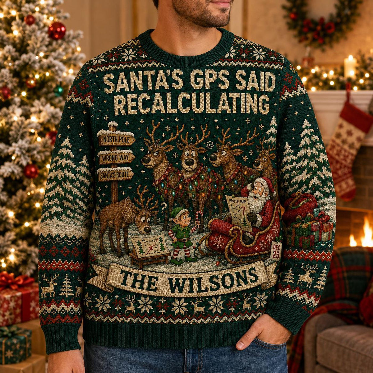 Personalized Lost Santa Ugly Christmas Sweater, Custom Family Name Reindeer Sweatshirt, Funny Holiday Party Pullover