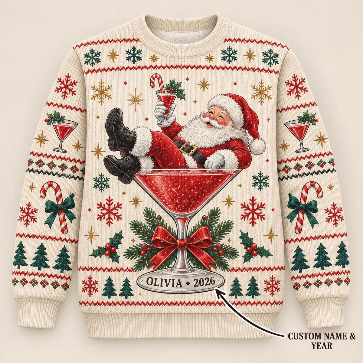 Personalized Santa Cocktail Ugly Christmas Sweater, Custom Name and Year Holiday Sweatshirt, Festive Drink Lover Gift