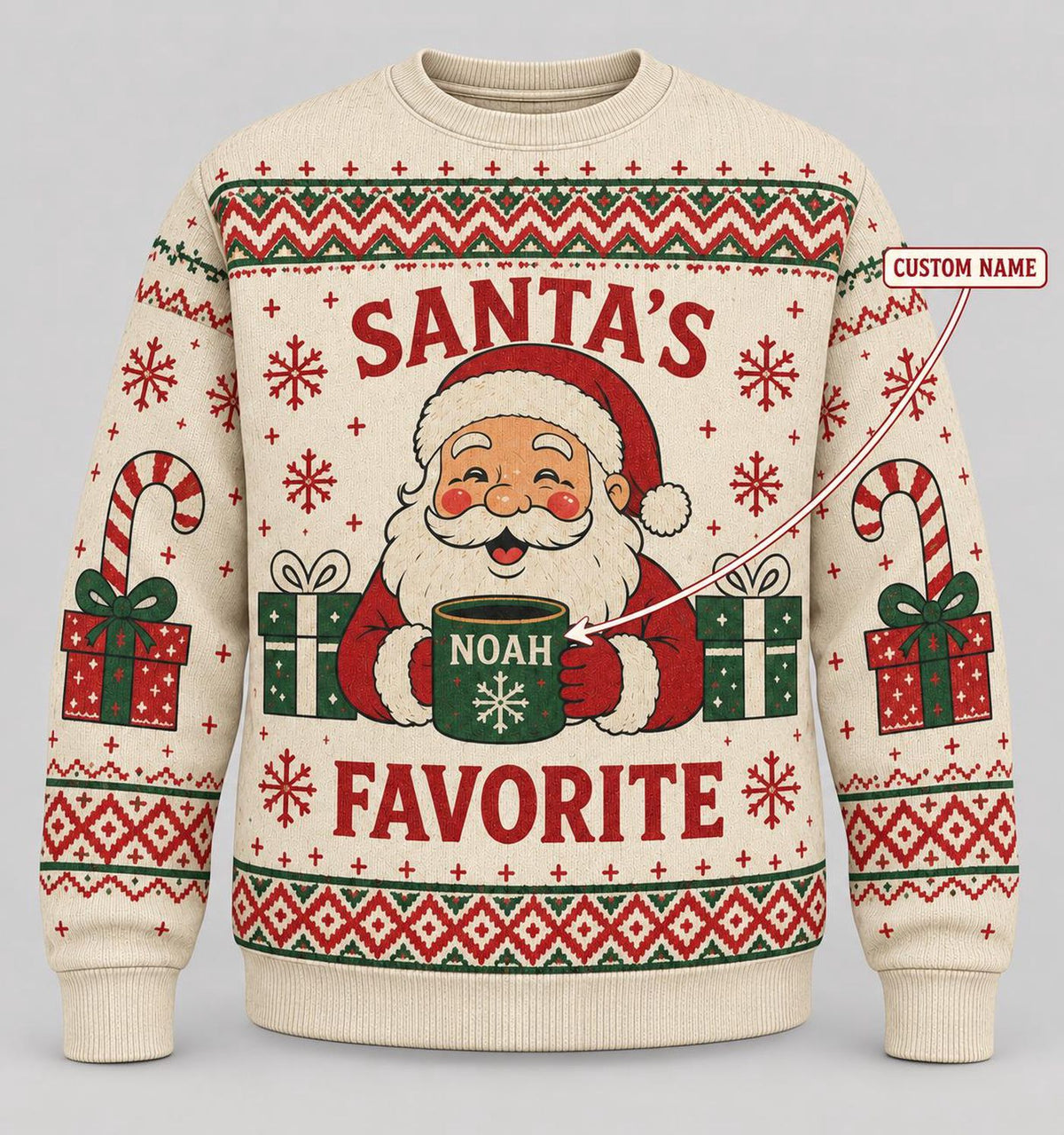 Personalized Santa Ugly Christmas Sweater, Custom Name Coffee Mug Holiday Sweatshirt, Family Xmas Gift