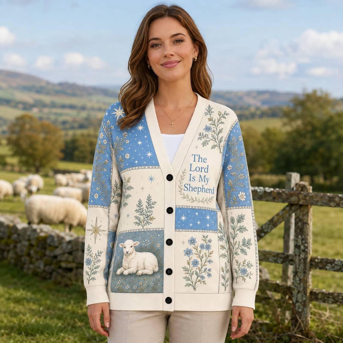 Personalized The Lord Is My Shepherd Cardigan: Custom Blue Toile Lamb Knit Sweater