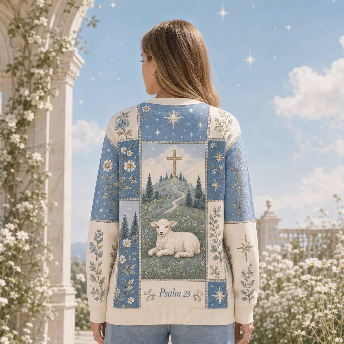Personalized The Lord Is My Shepherd Cardigan: Custom Blue Toile Lamb Knit Sweater
