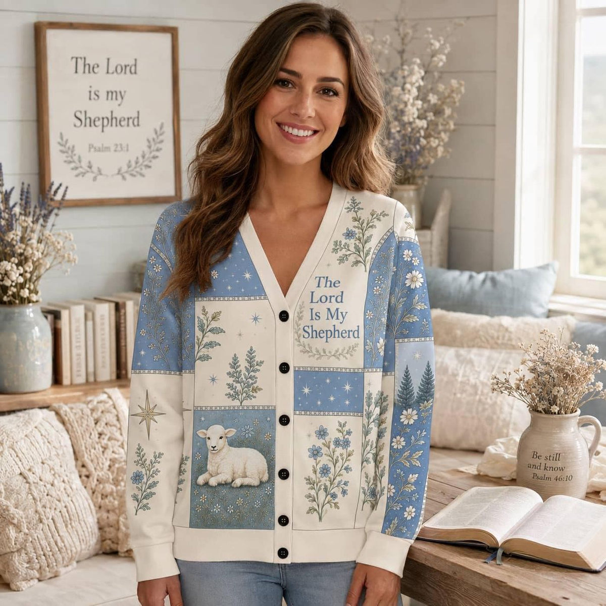 Personalized The Lord Is My Shepherd Cardigan: Custom Blue Toile Lamb Knit Sweater