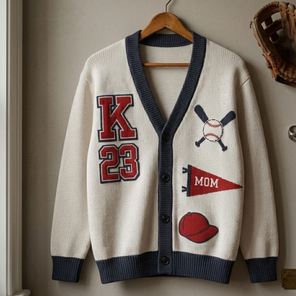 Personalized Varsity Knit Sweater, Cotton Blend Baseball Design with Custom Initial, Name, and Number