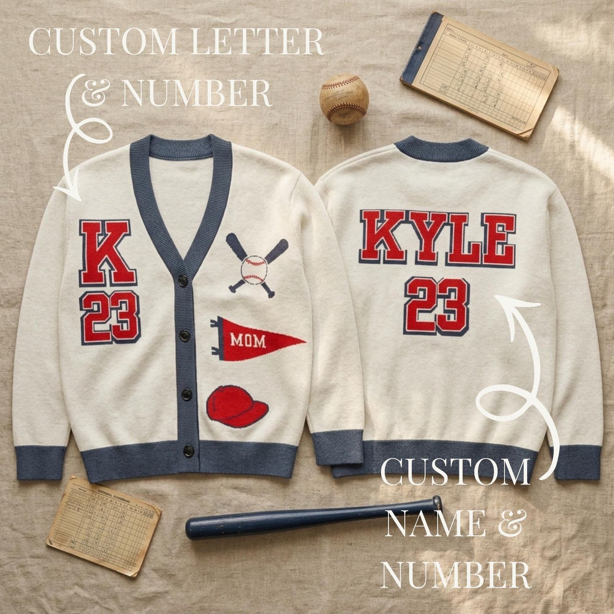 Personalized Varsity Knit Sweater, Cotton Blend Baseball Design with Custom Initial, Name, and Number