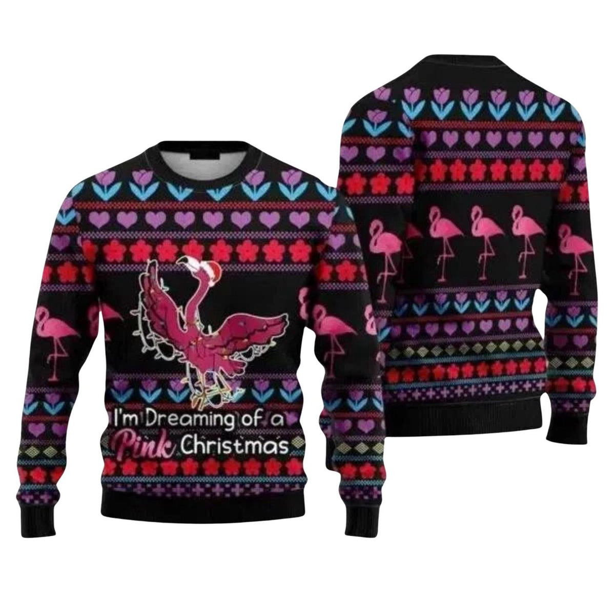 Pink Flamingo Christmas Knitted Sweater, Funny Ugly Xmas Jumper, Unisex Holiday Gift