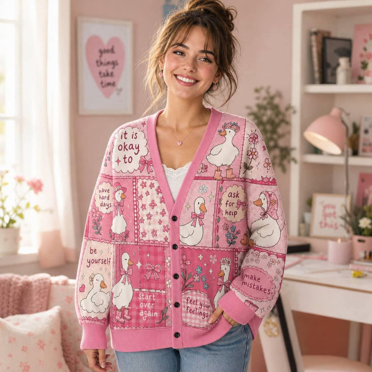 Pink Knit Cardigan Sweater Goose Patchwork Affirmation Quote V-Neck Long Sleeve