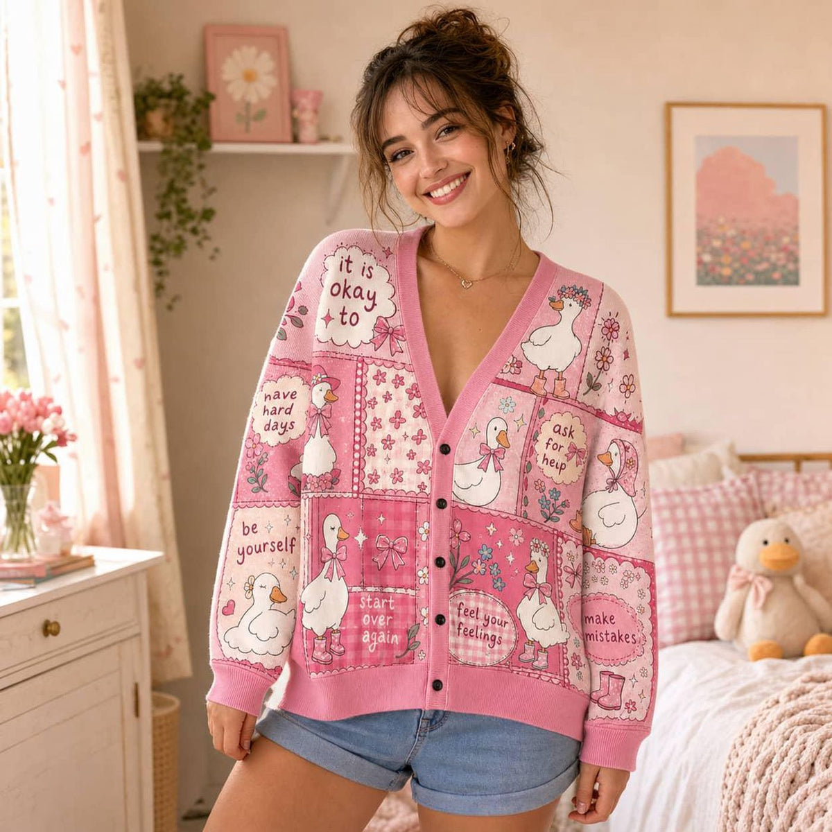 Pink Knit Cardigan Sweater Goose Patchwork Affirmation Quote V-Neck Long Sleeve