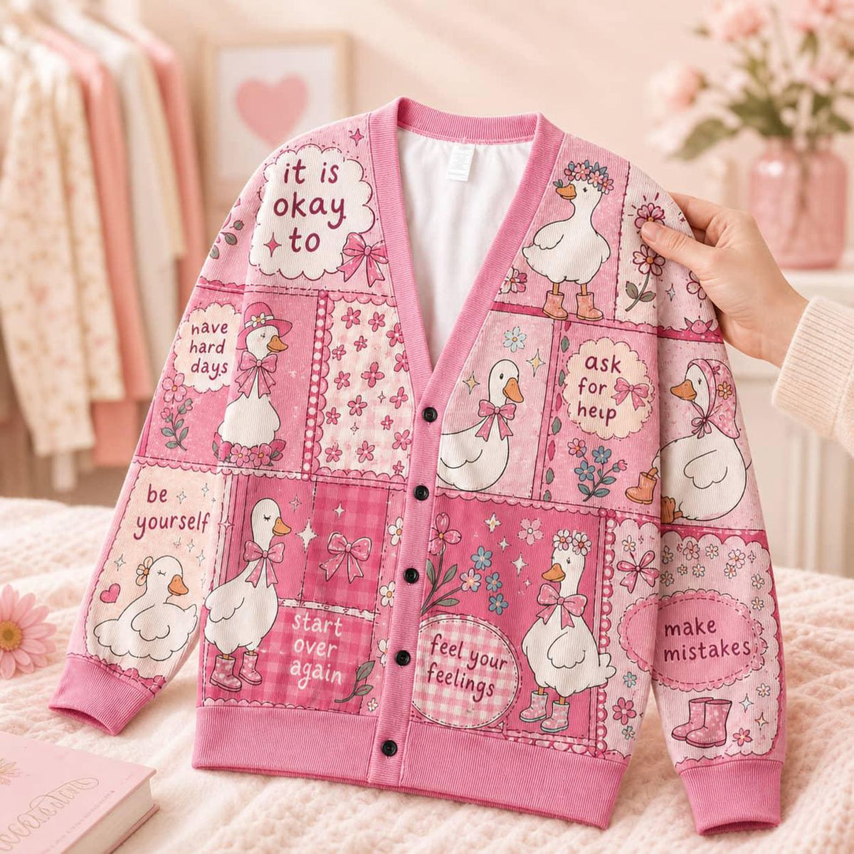 Pink Knit Cardigan Sweater Goose Patchwork Affirmation Quote V-Neck Long Sleeve