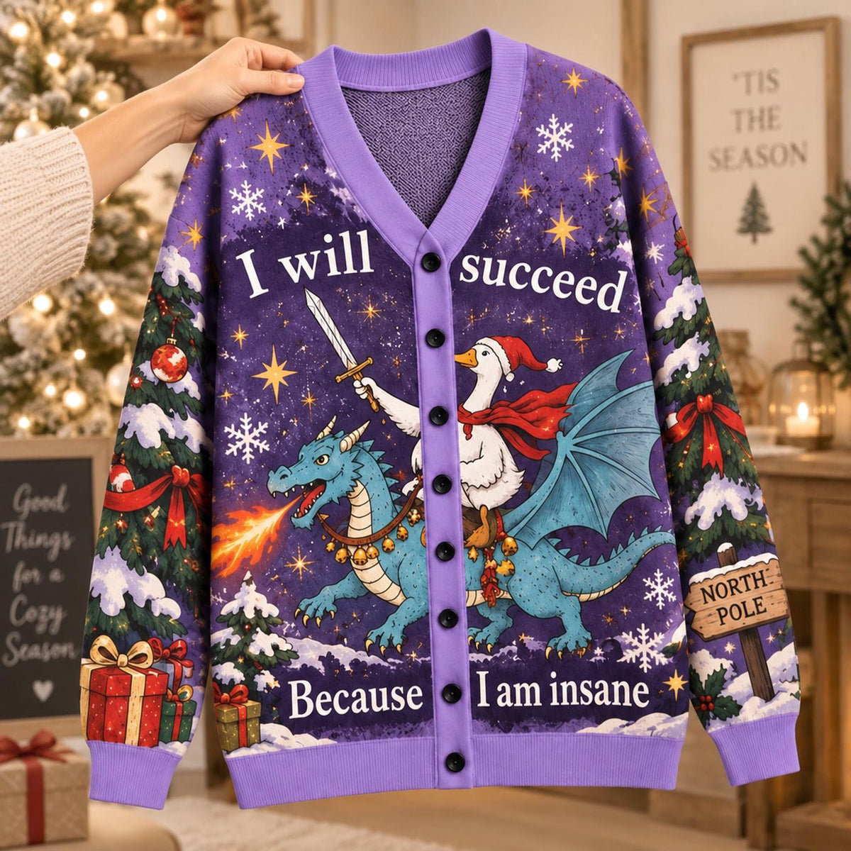 Purple Christmas Cardigan: Dragon, Duck and Winter Holiday Knit Sweater