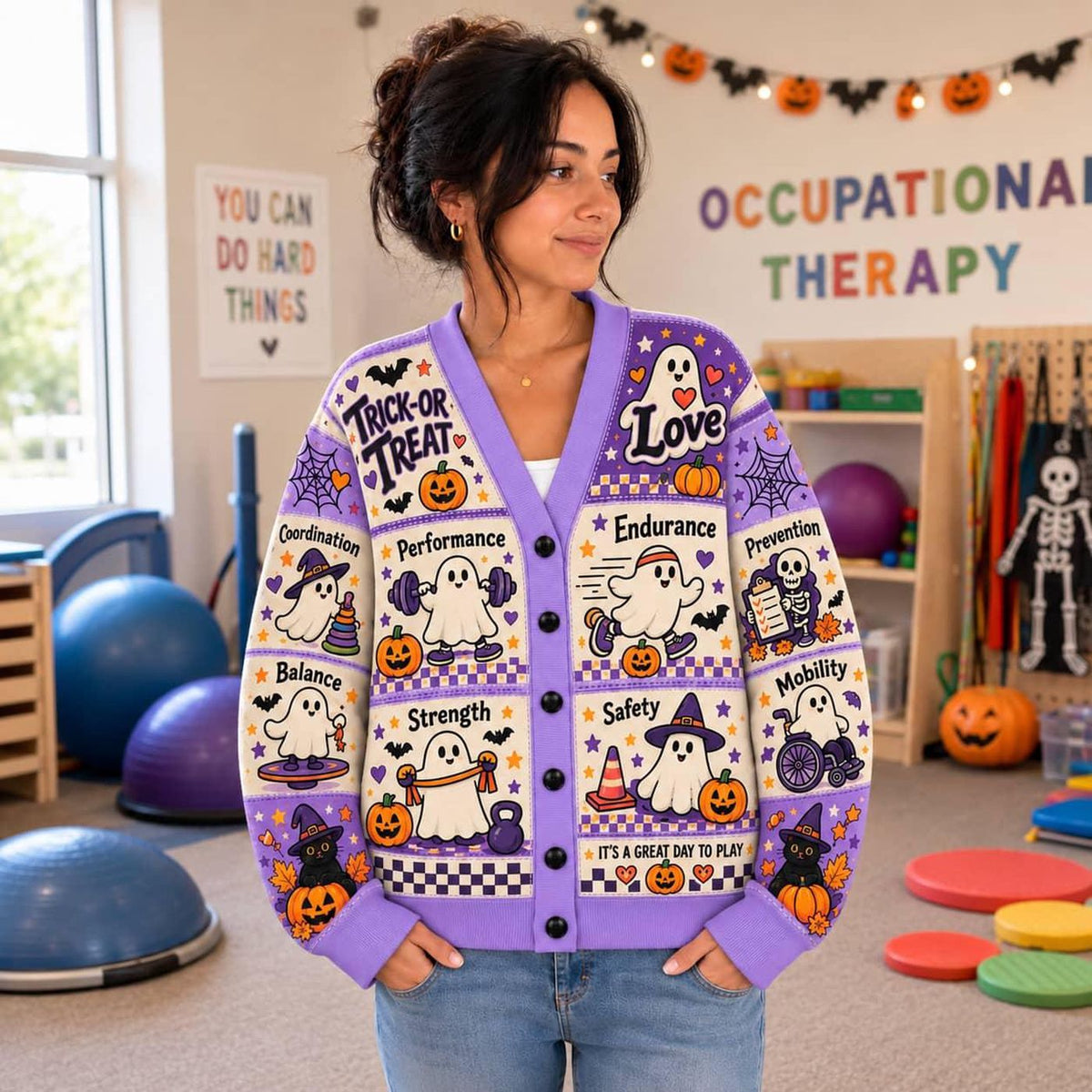 Purple Halloween OT Cardigan: Ghosts, Therapy and Occupational Knit Sweater