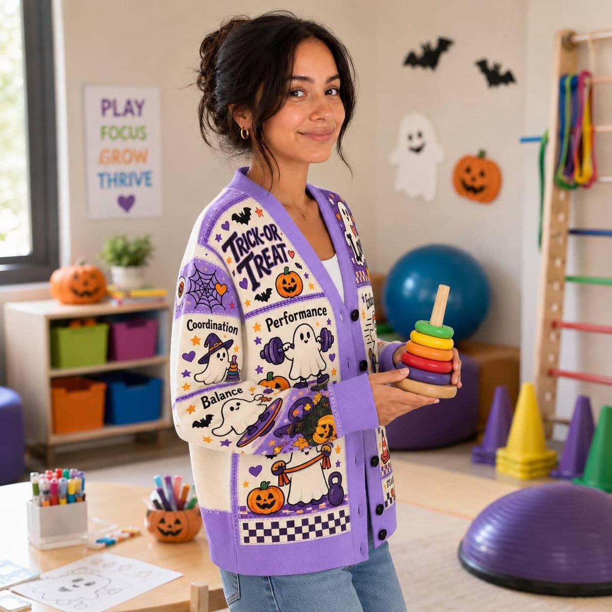 Purple Halloween OT Cardigan: Ghosts, Therapy and Occupational Knit Sweater