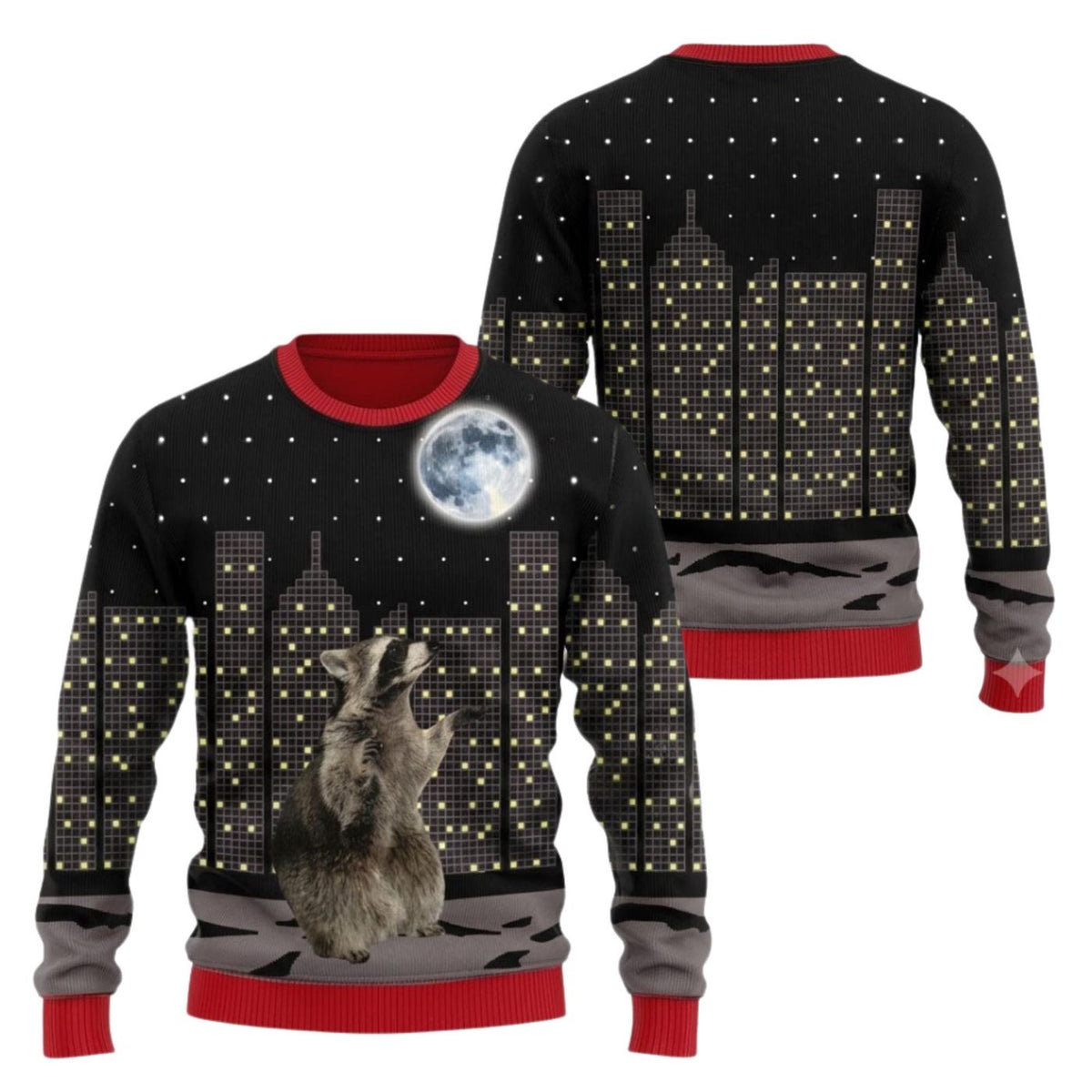 Raccoon Moonlit City Skyline Sweatshirt Black Red Pullover
