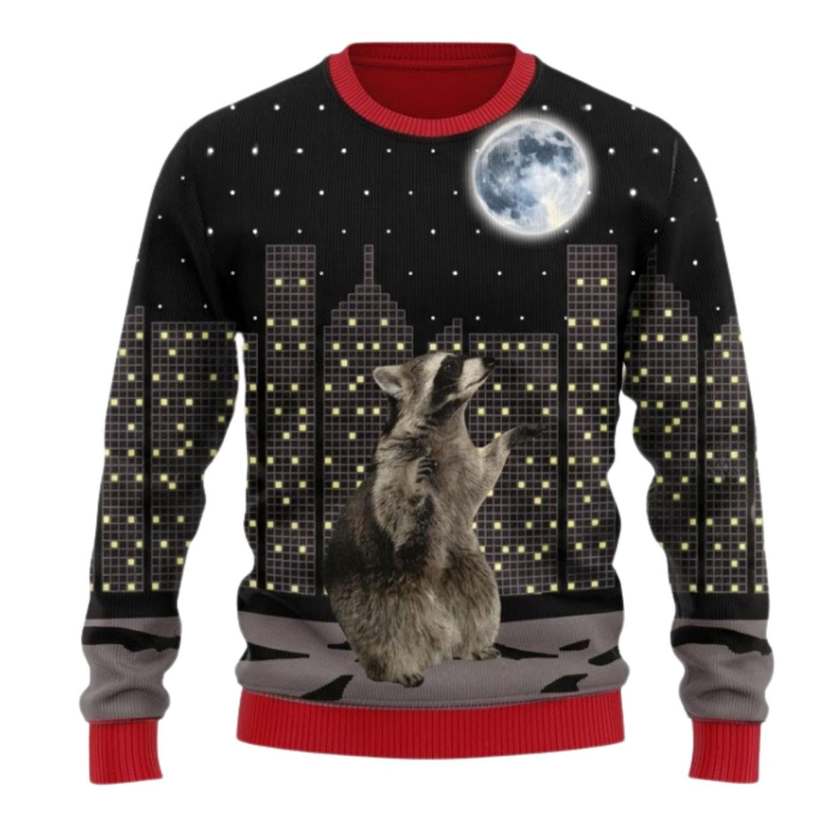 Raccoon Moonlit City Skyline Sweatshirt Black Red Pullover