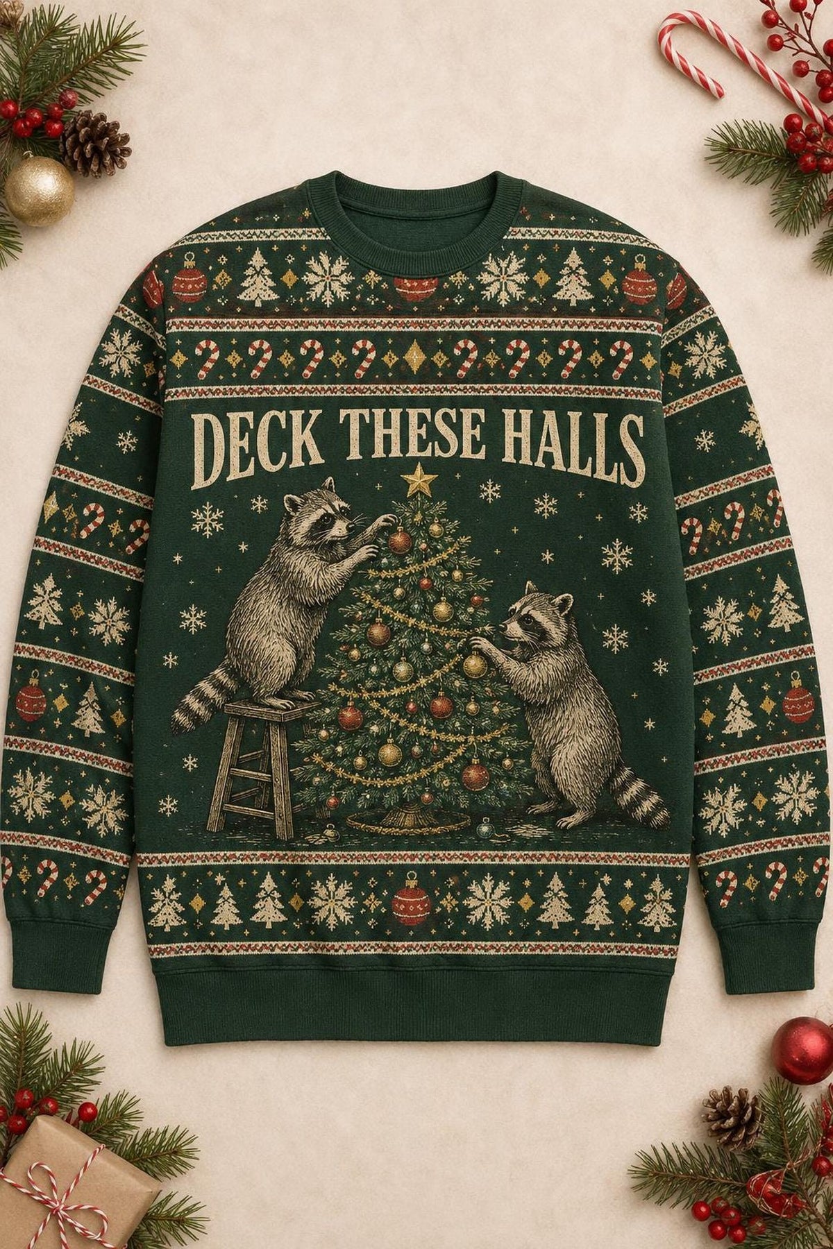 Raccoon Ugly Christmas Sweater, Woodland Animal Decorating Tree Sweatshirt, Funny Forest Christmas Gift