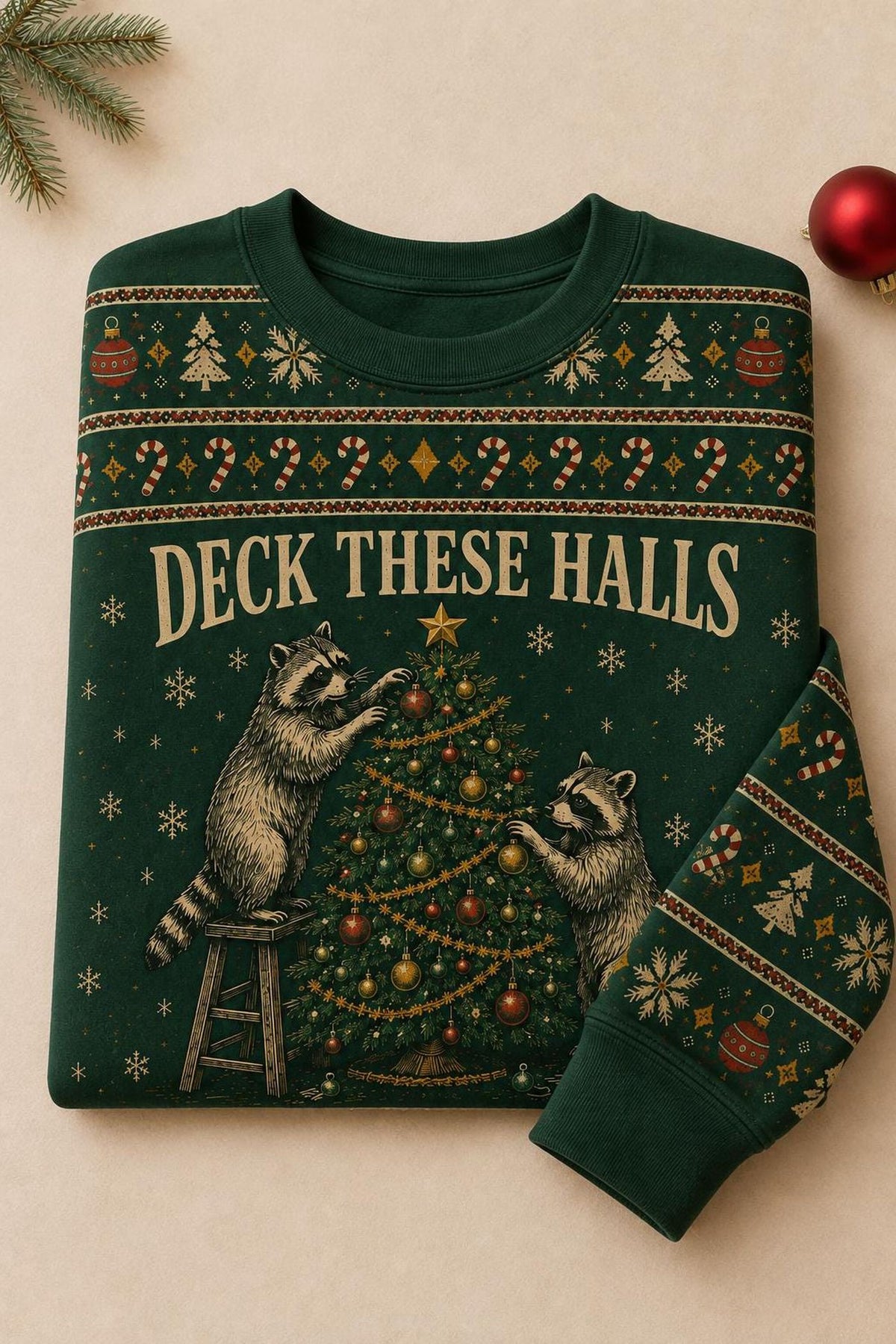 Raccoon Ugly Christmas Sweater, Woodland Animal Decorating Tree Sweatshirt, Funny Forest Christmas Gift