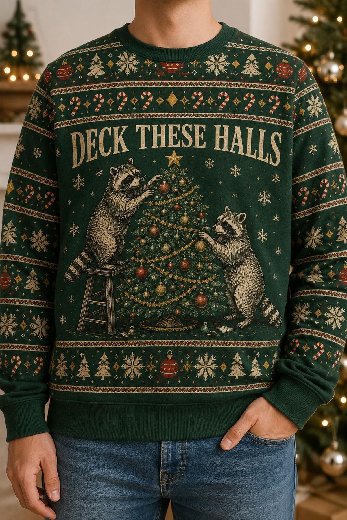 Raccoon Ugly Christmas Sweater, Woodland Animal Decorating Tree Sweatshirt, Funny Forest Christmas Gift