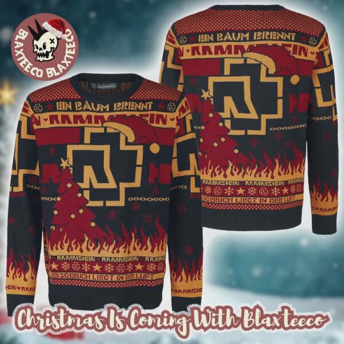 Ramm.stein Big Logo Santa Hat En Baum Brennt Flames Ugly Christmas Sweater S-5Xl