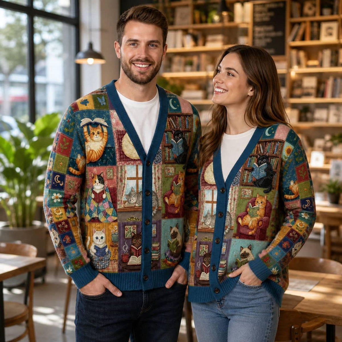 Reading Cats Patchwork Cardigan: V-Neck Button Up Book Lover Sweater