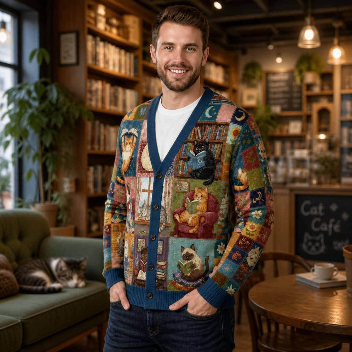 Reading Cats Patchwork Cardigan: V-Neck Button Up Book Lover Sweater