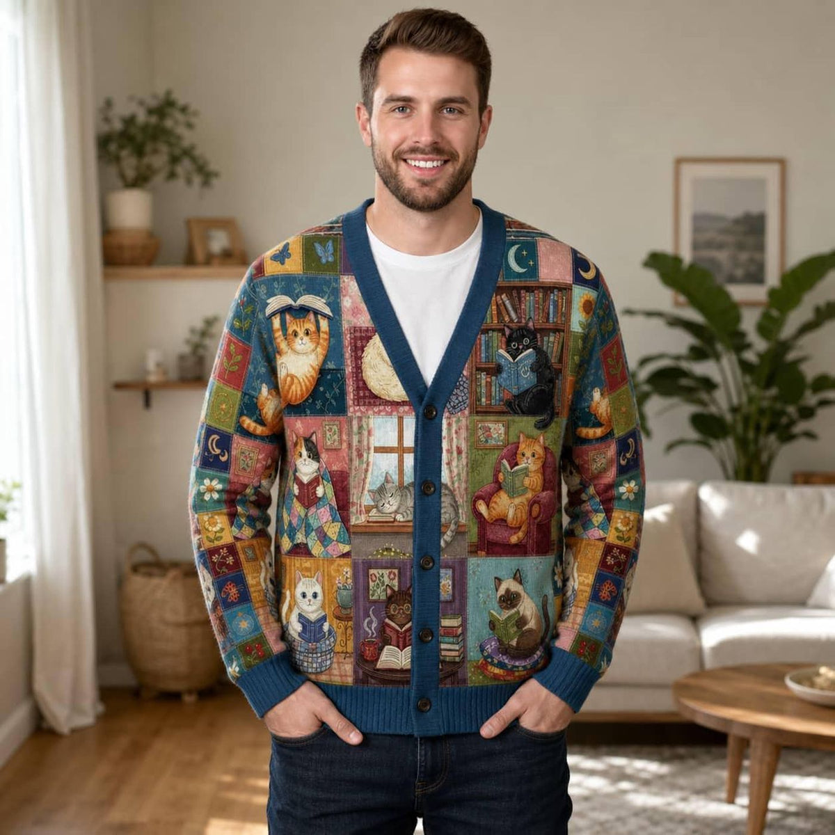 Reading Cats Patchwork Cardigan: V-Neck Button Up Book Lover Sweater