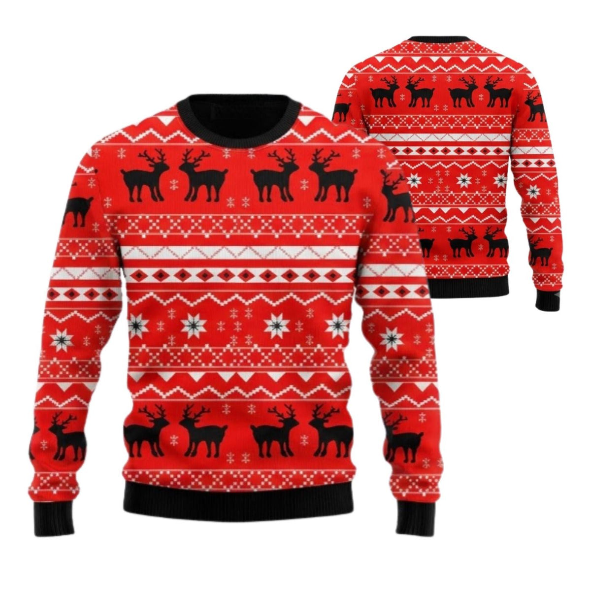 Red Reindeer Ugly Christmas Sweater, Nordic Holiday Pullover Unisex Men and Women