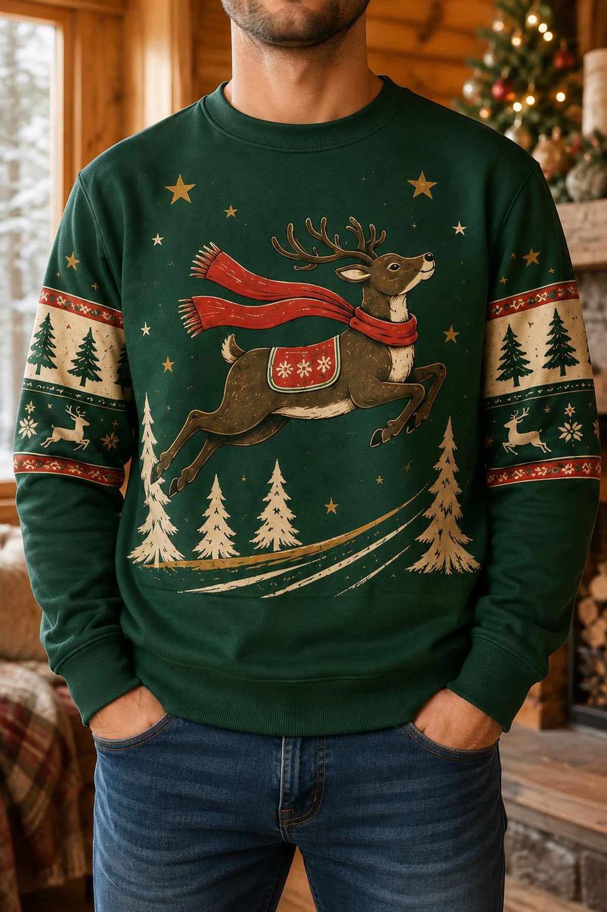 Reindeer Ugly Christmas Sweater, Woodland Winter Forest Holiday Sweatshirt, Rustic Green Christmas Pullover