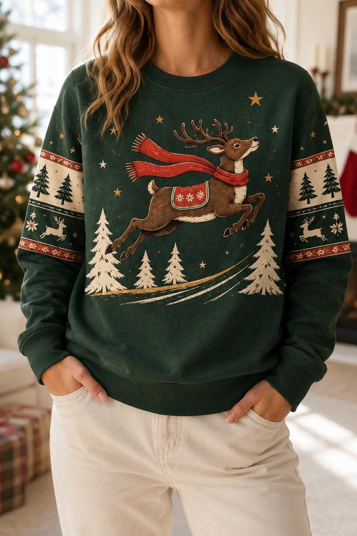 Reindeer Ugly Christmas Sweater, Woodland Winter Forest Holiday Sweatshirt, Rustic Green Christmas Pullover
