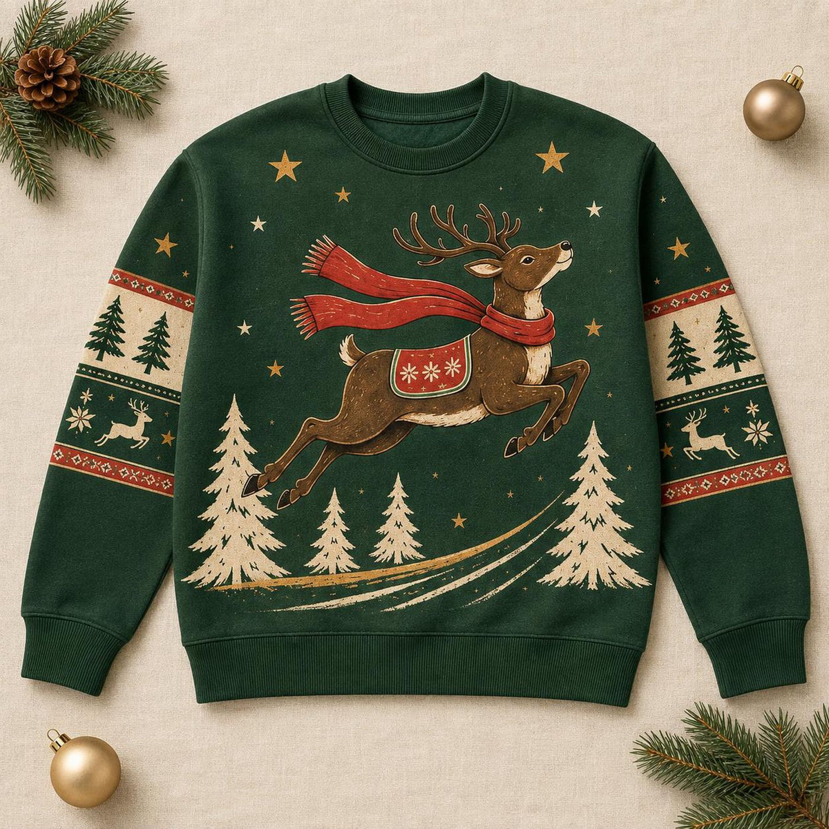 Reindeer Ugly Christmas Sweater, Woodland Winter Forest Holiday Sweatshirt, Rustic Green Christmas Pullover