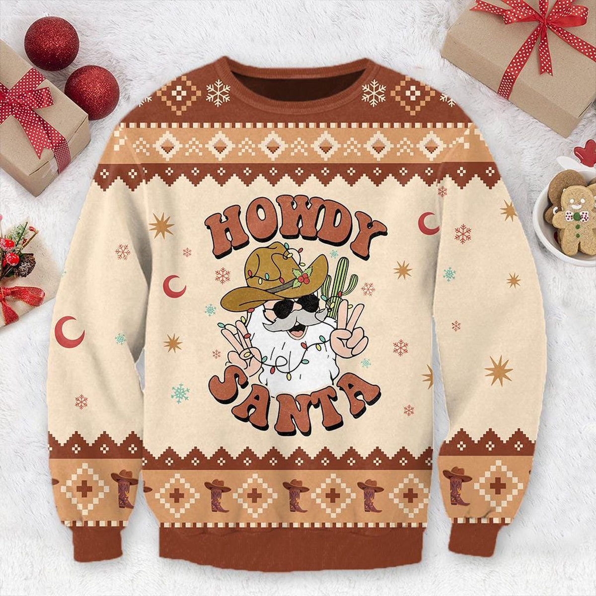 Retro Howdy Santa Christmas Ugly Sweater Cowboy Sweatshirt Xmas Gift for Dad