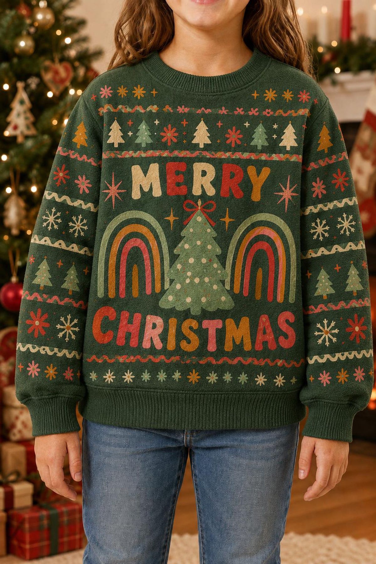 Retro Rainbow Christmas Ugly Sweater, Boho Christmas Tree Holiday Sweatshirt, Colorful Festive Party Pullover