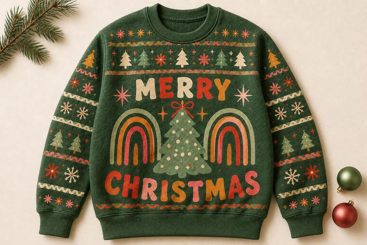Retro Rainbow Christmas Ugly Sweater, Boho Christmas Tree Holiday Sweatshirt, Colorful Festive Party Pullover
