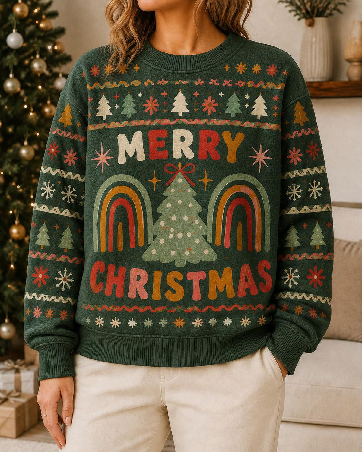 Retro Rainbow Christmas Ugly Sweater, Boho Christmas Tree Holiday Sweatshirt, Colorful Festive Party Pullover