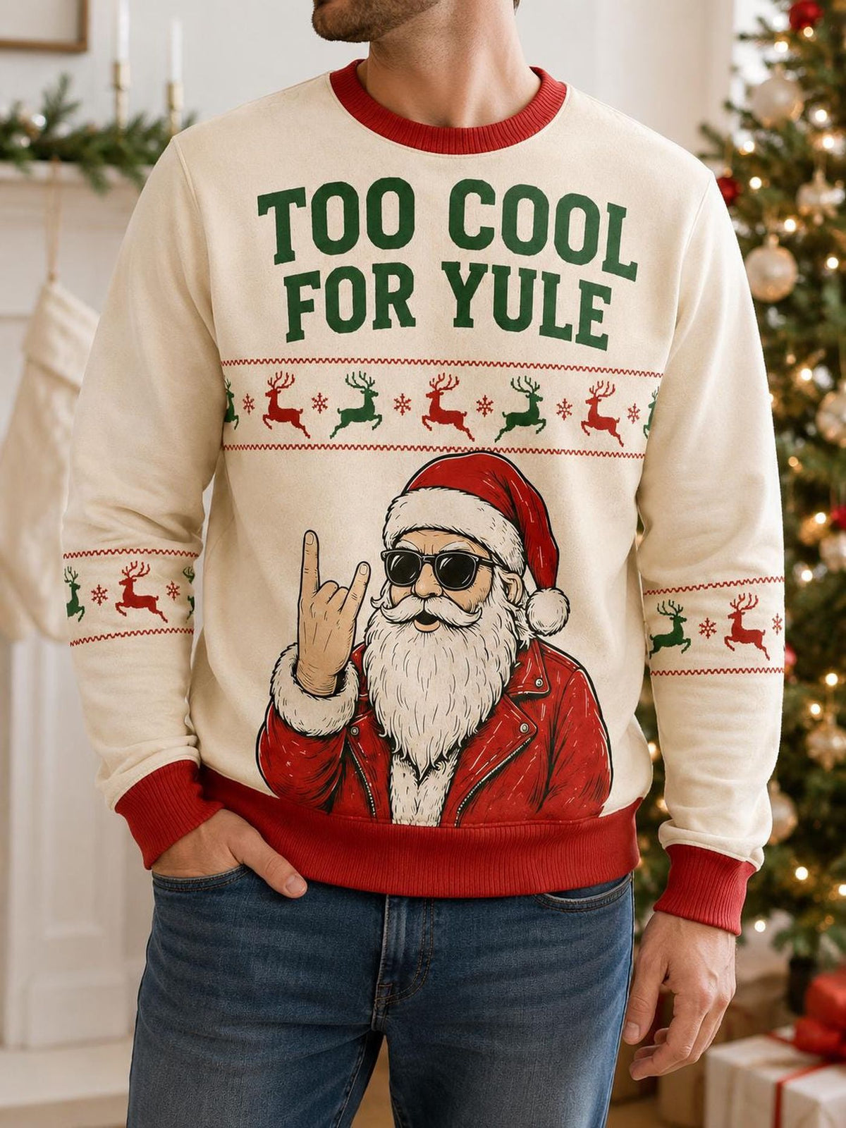 Rock Santa Ugly Christmas Sweater, Cool Santa With Sunglasses Holiday Sweatshirt, Funny Christmas Party Pullover