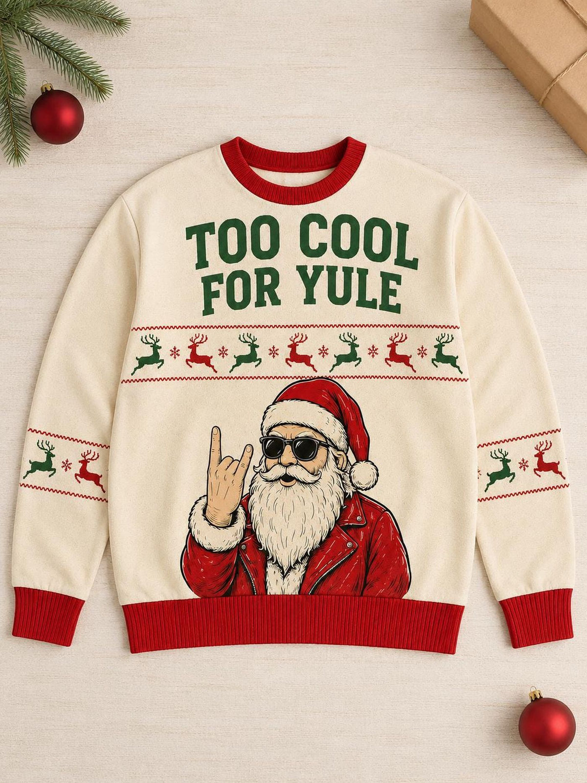 Rock Santa Ugly Christmas Sweater, Cool Santa With Sunglasses Holiday Sweatshirt, Funny Christmas Party Pullover