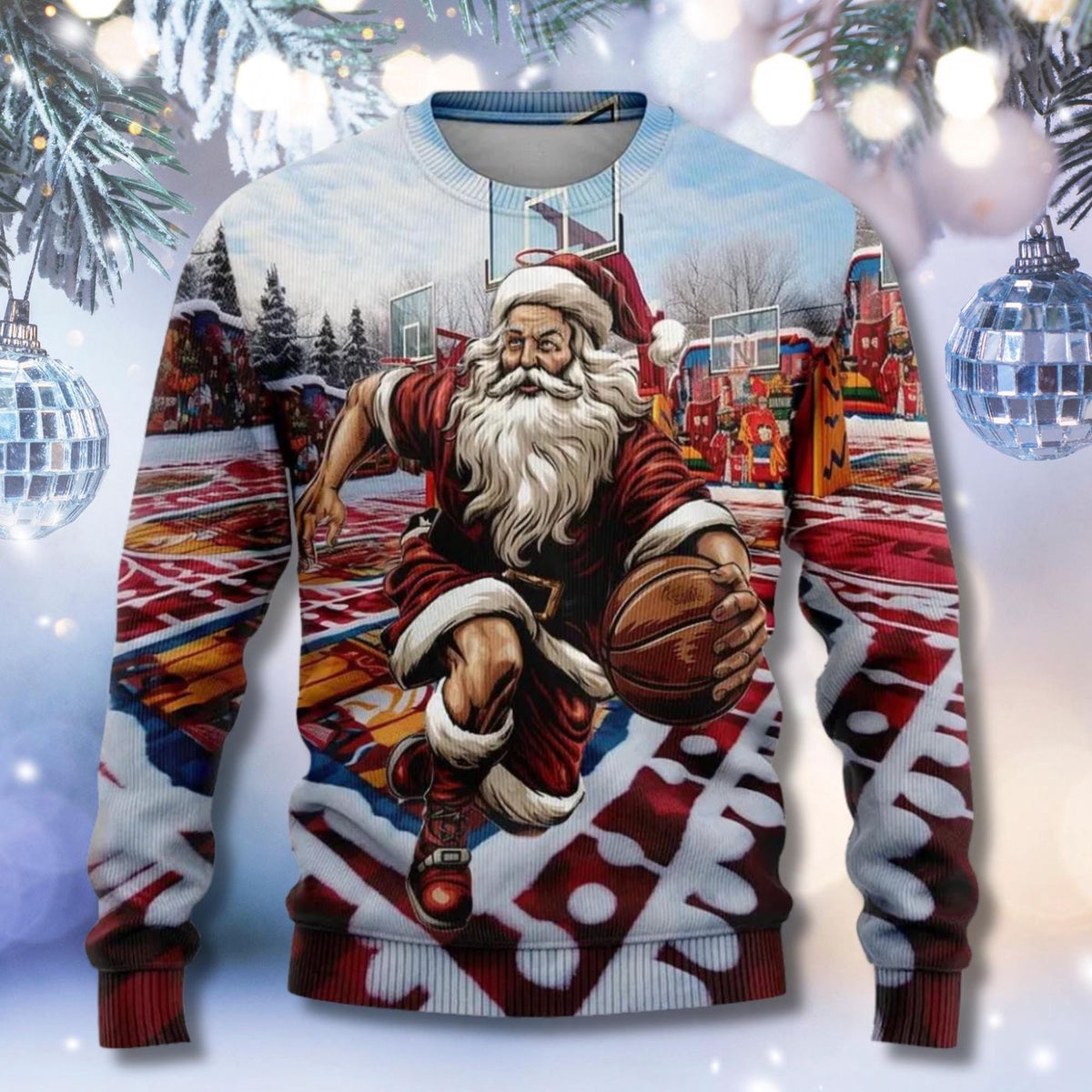 Santa Basketball Christmas Sweater Funny Ugly Xmas Unisex Holiday Jumper