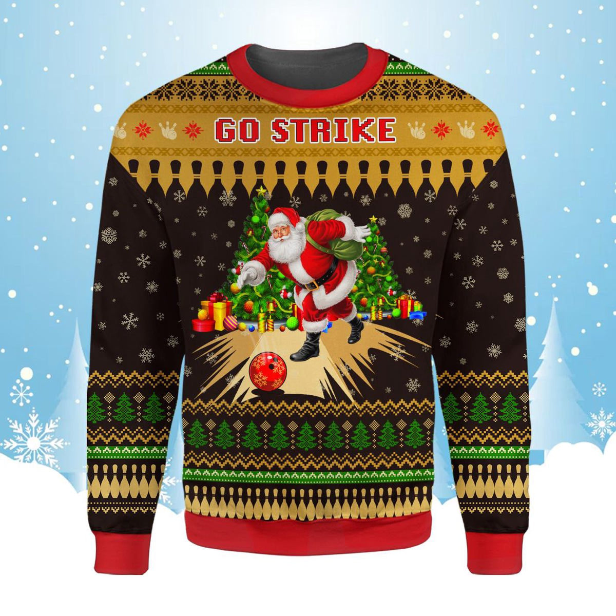 Santa Bowling Christmas Sweatshirt, Funny Go Strike Fake Ugly Style Xmas Sweater, Holiday Santa Sports Pullover, Festive Party Gift for Him