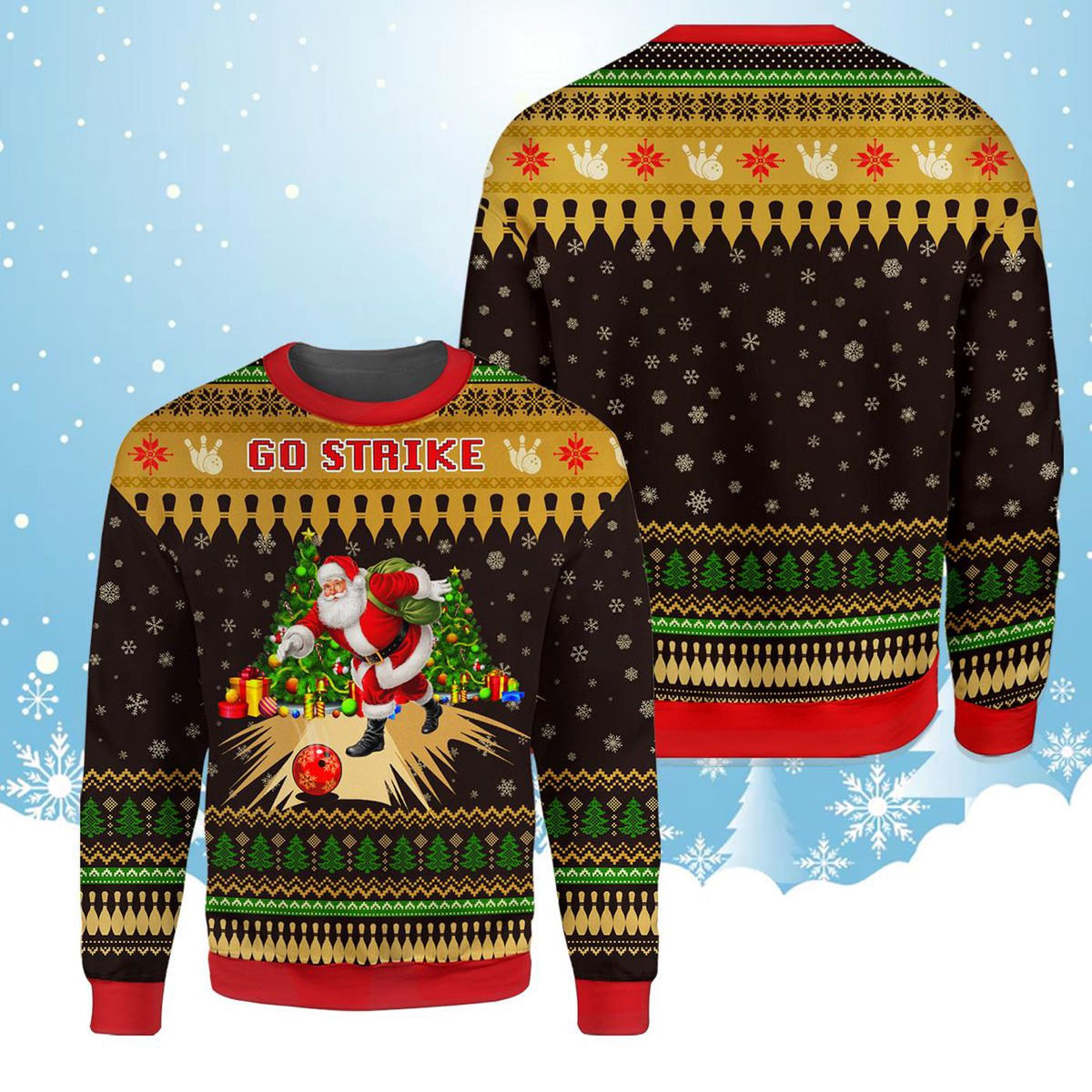 Santa Bowling Christmas Sweatshirt, Funny Go Strike Fake Ugly Style Xmas Sweater, Holiday Santa Sports Pullover, Festive Party Gift for Him