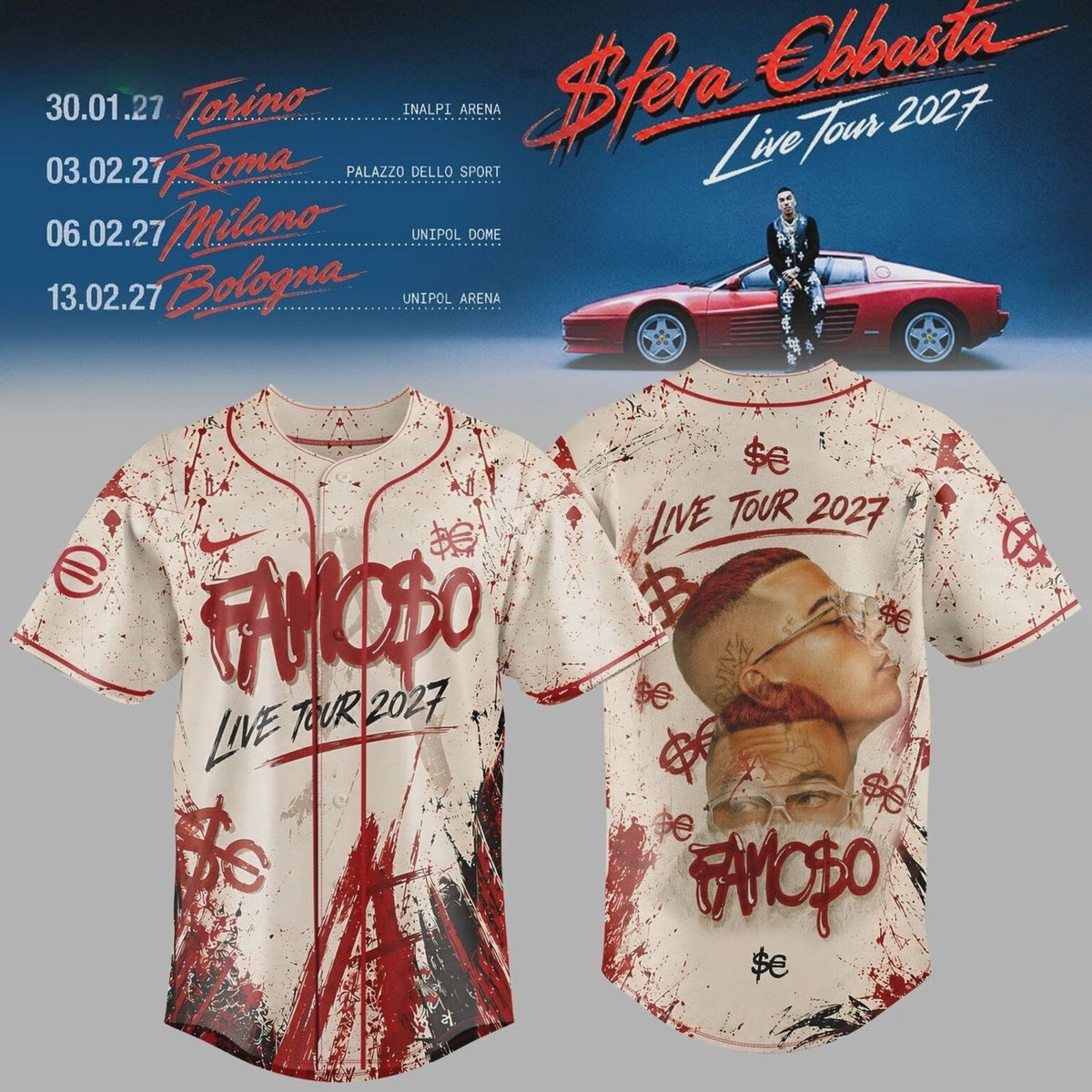 Sfera Ebbasta Live Tour 2027 Baseball Jersey Unisex Concert Merch