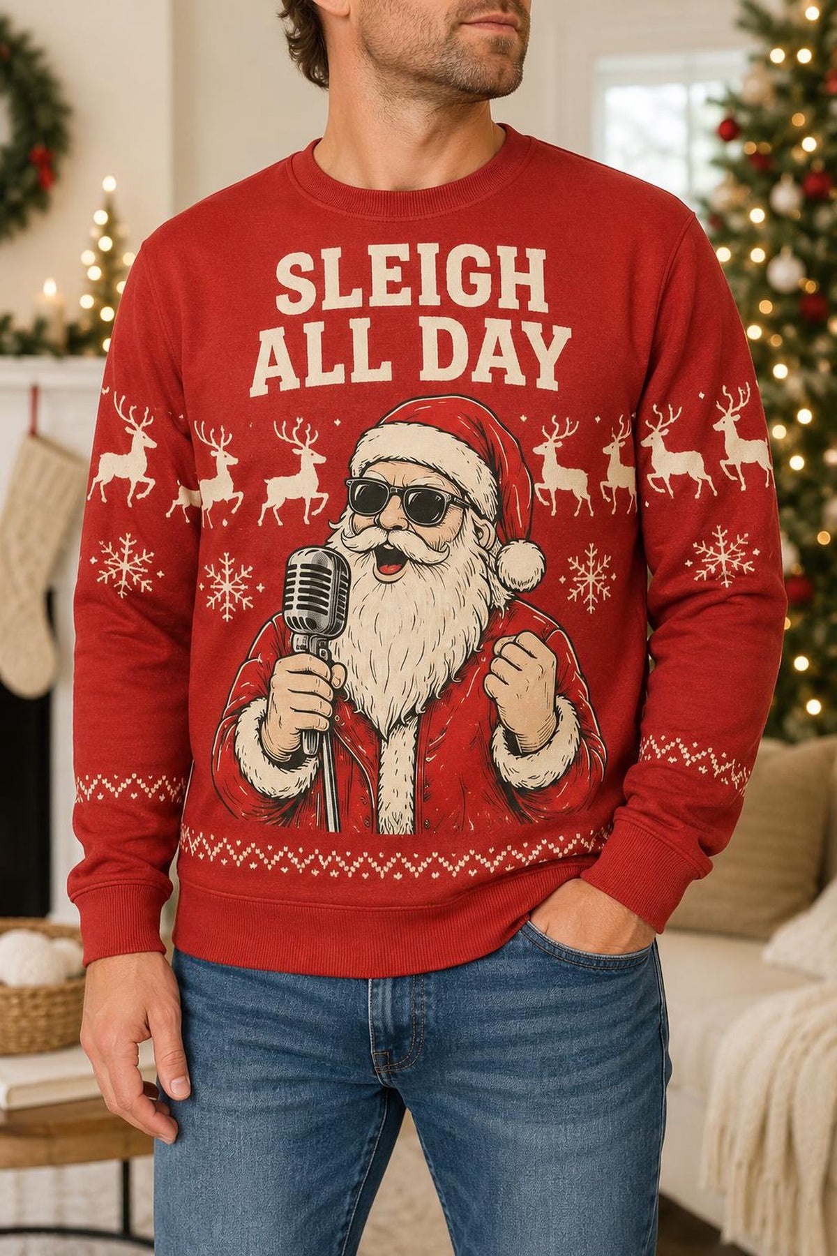 Singing Santa Ugly Christmas Sweater, Funny Microphone Santa Holiday Sweatshirt, Christmas Music Party Pullover