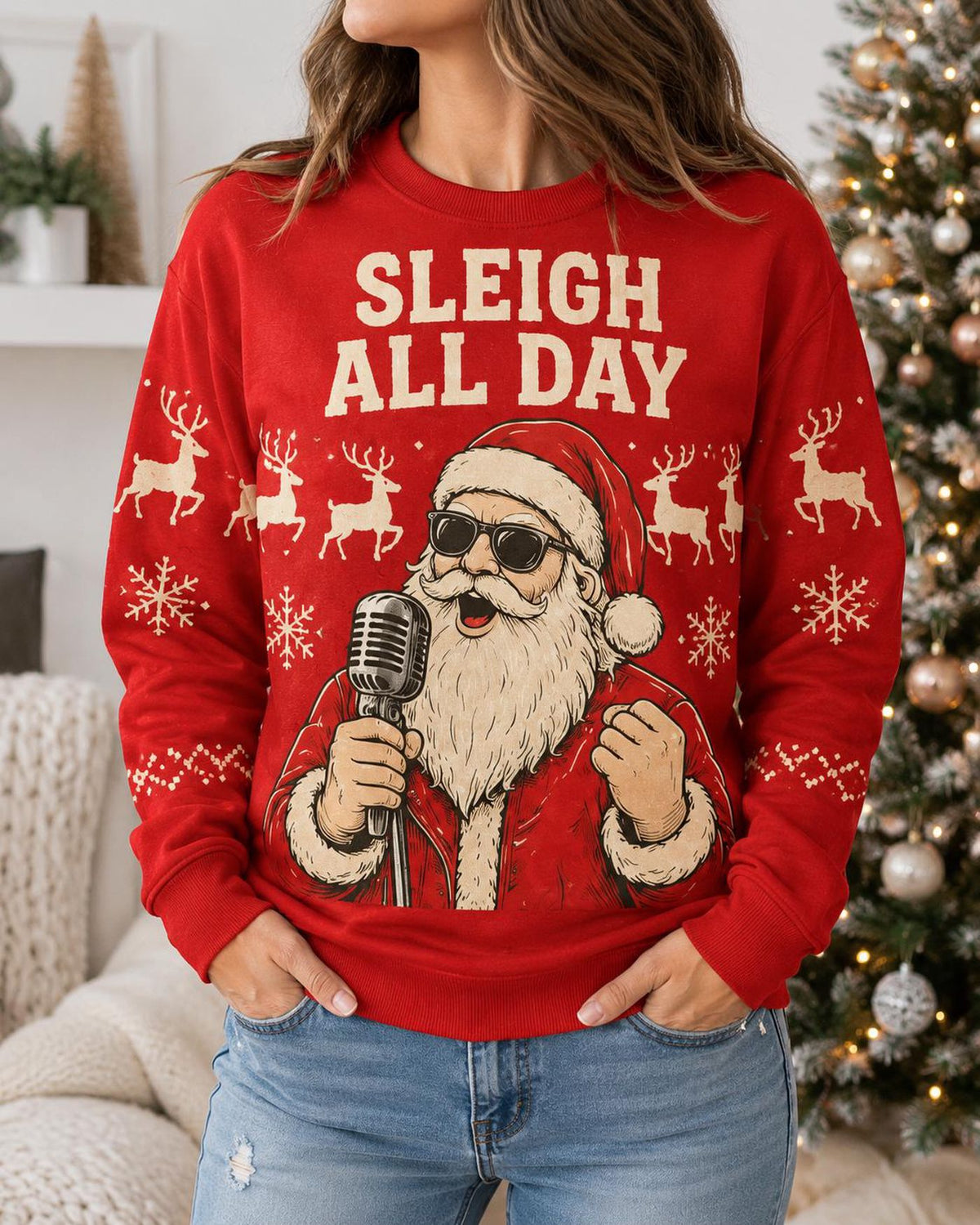 Singing Santa Ugly Christmas Sweater, Funny Microphone Santa Holiday Sweatshirt, Christmas Music Party Pullover