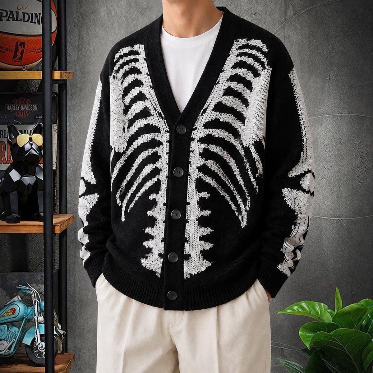 Skeleton Oversized Button Up Rib Knit Cardigan Gothic Harajuku Unisex Sweater